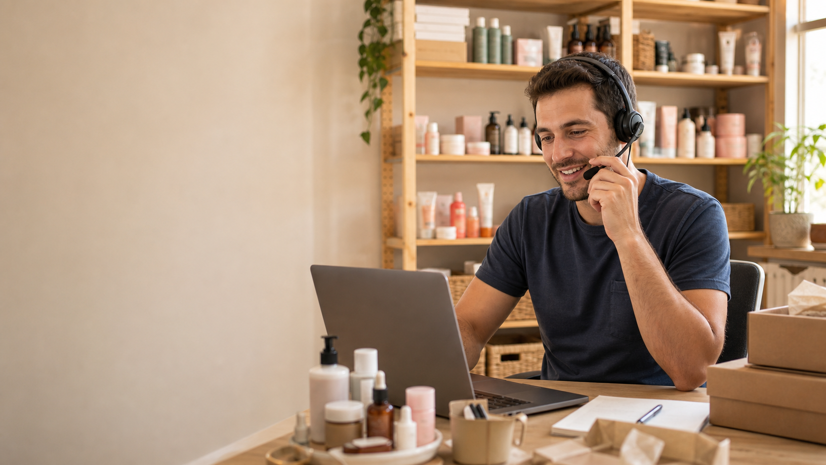 A support agent with a headset helping customers at a beauty brand's desk