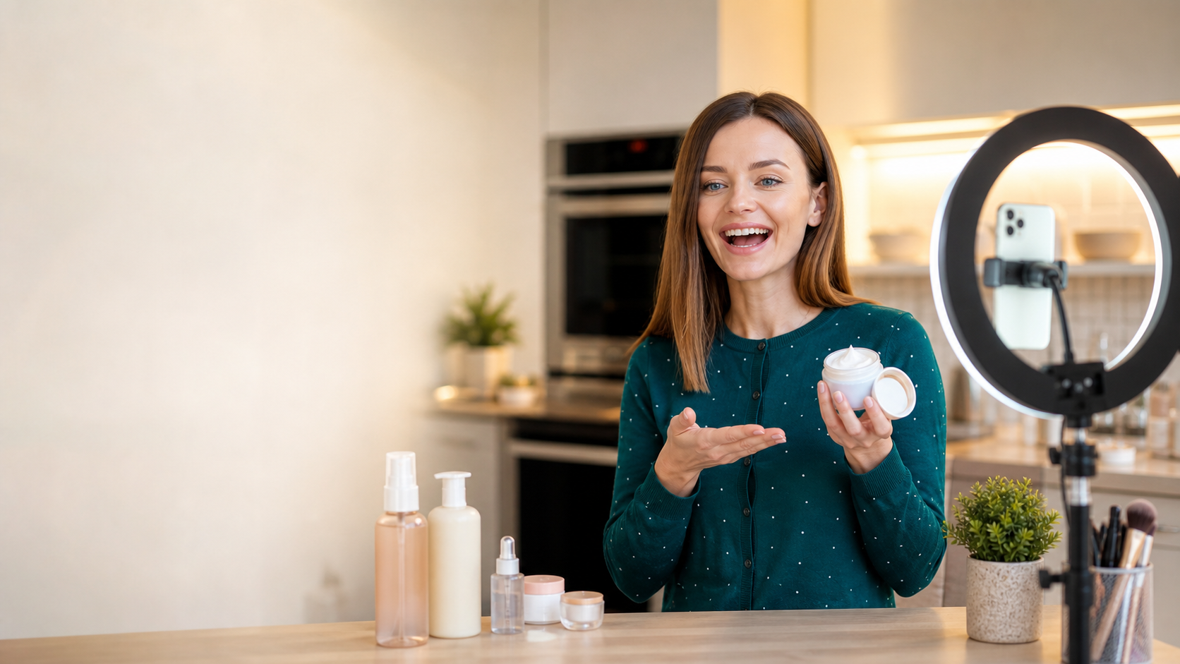 A creator going live, selling her product to camera beside a ring light