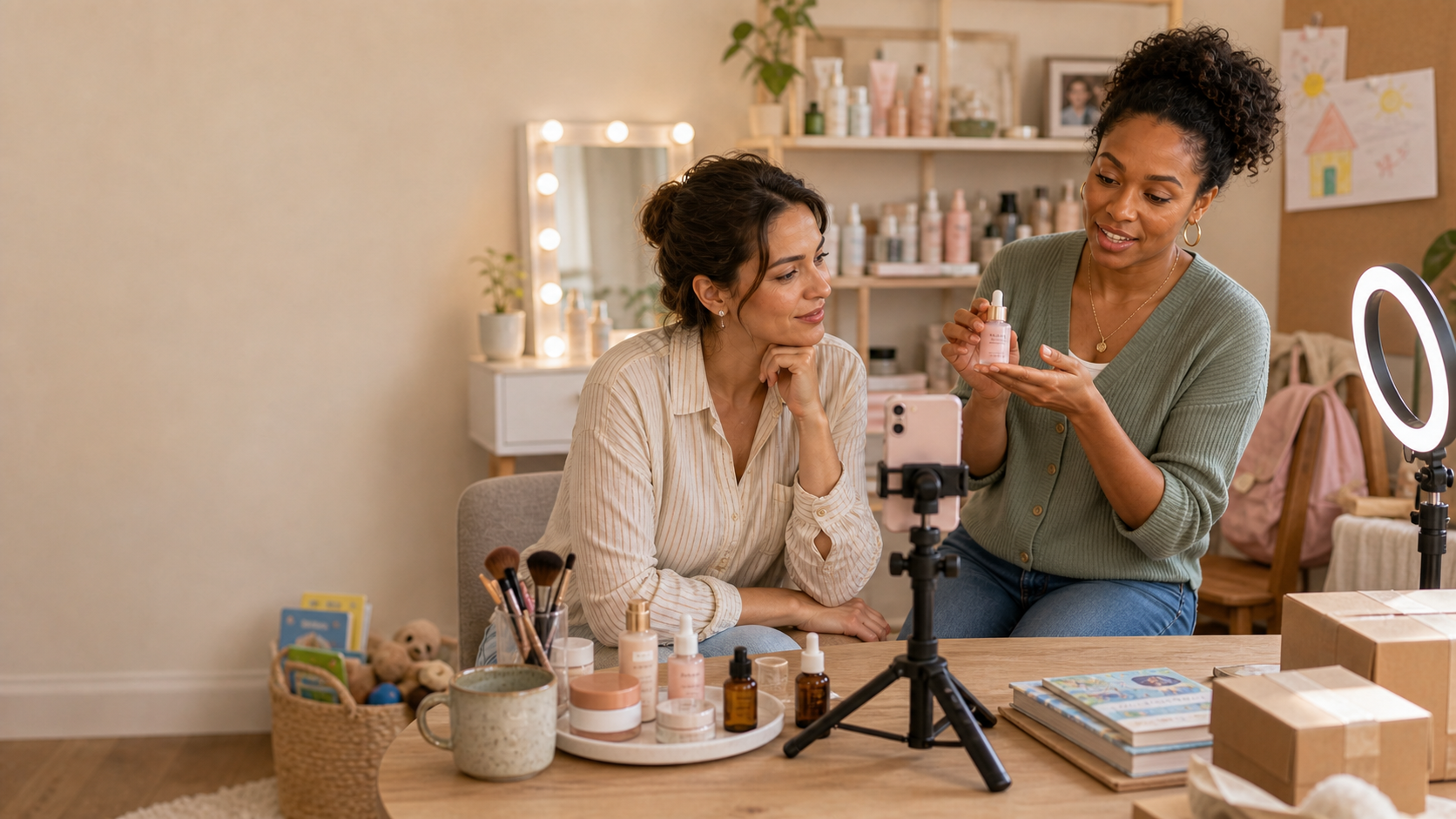 A marketing mentor advising a creator at her home beauty studio