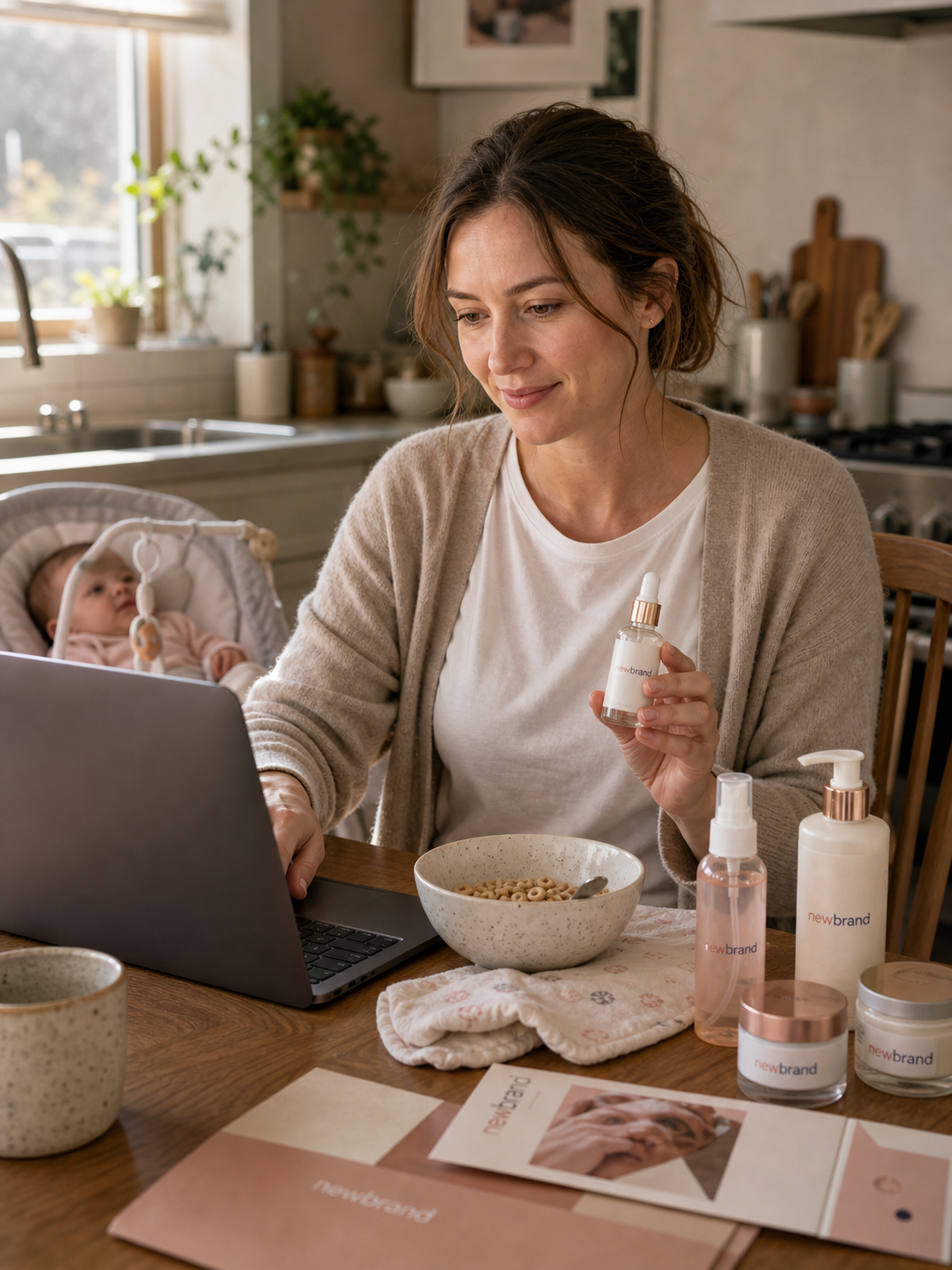 Mom at the kitchen table, laptop open, baby nearby