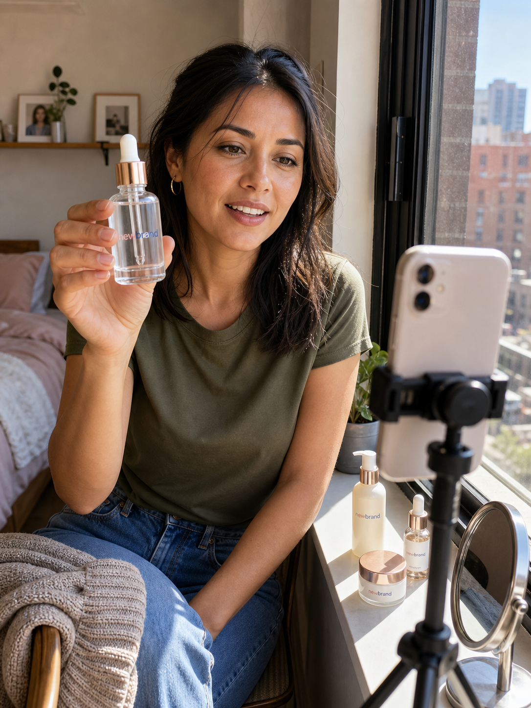 A creator filming herself by a window, talking to camera about a product