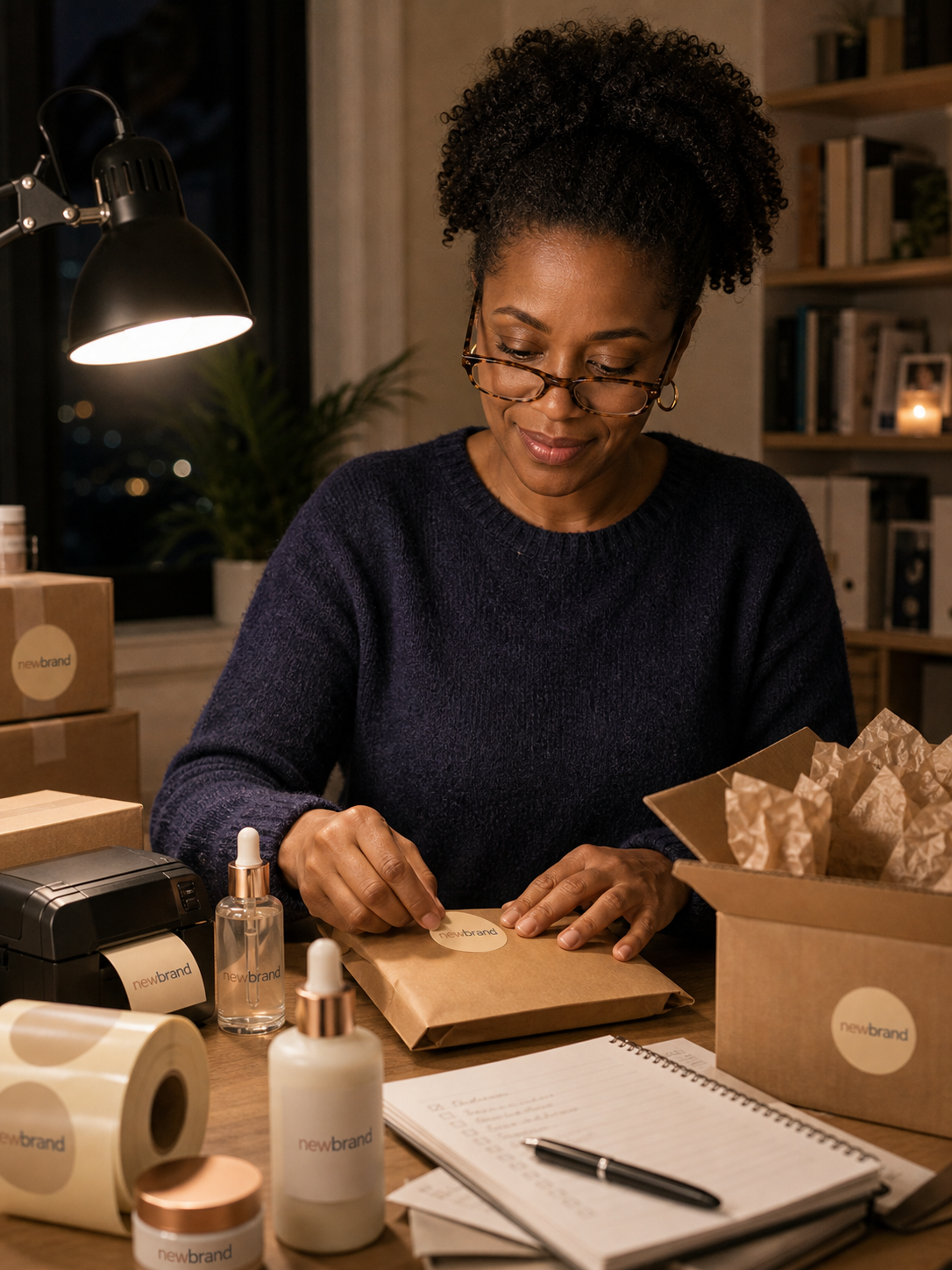 Branding & packing orders at her home desk (evening)