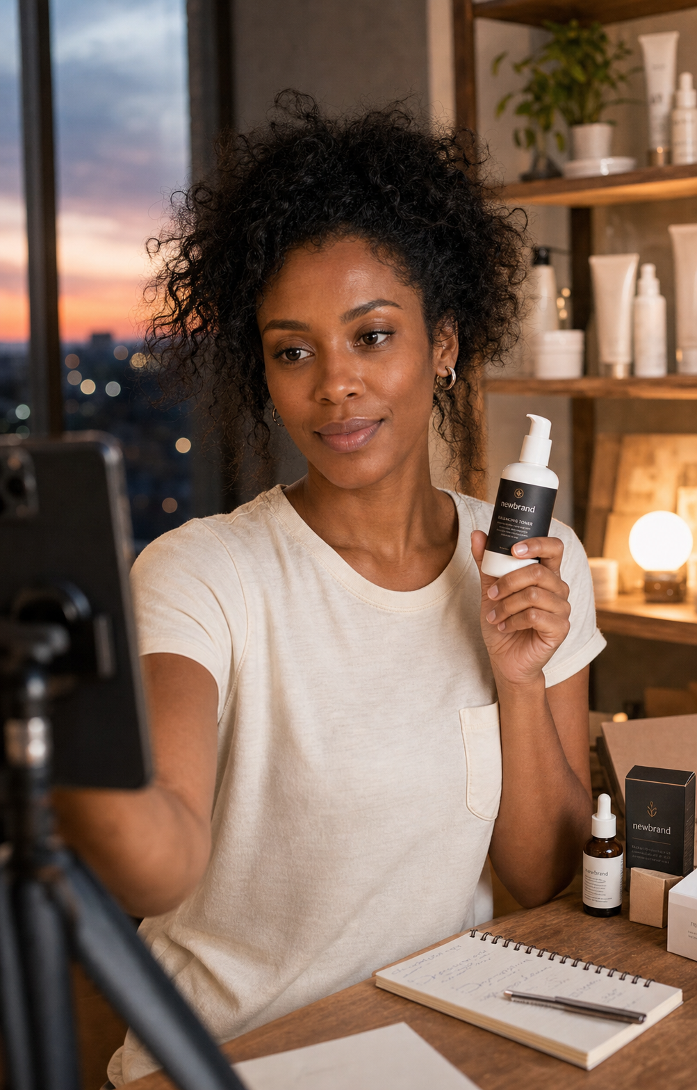 A creator filming a product launch clip to camera