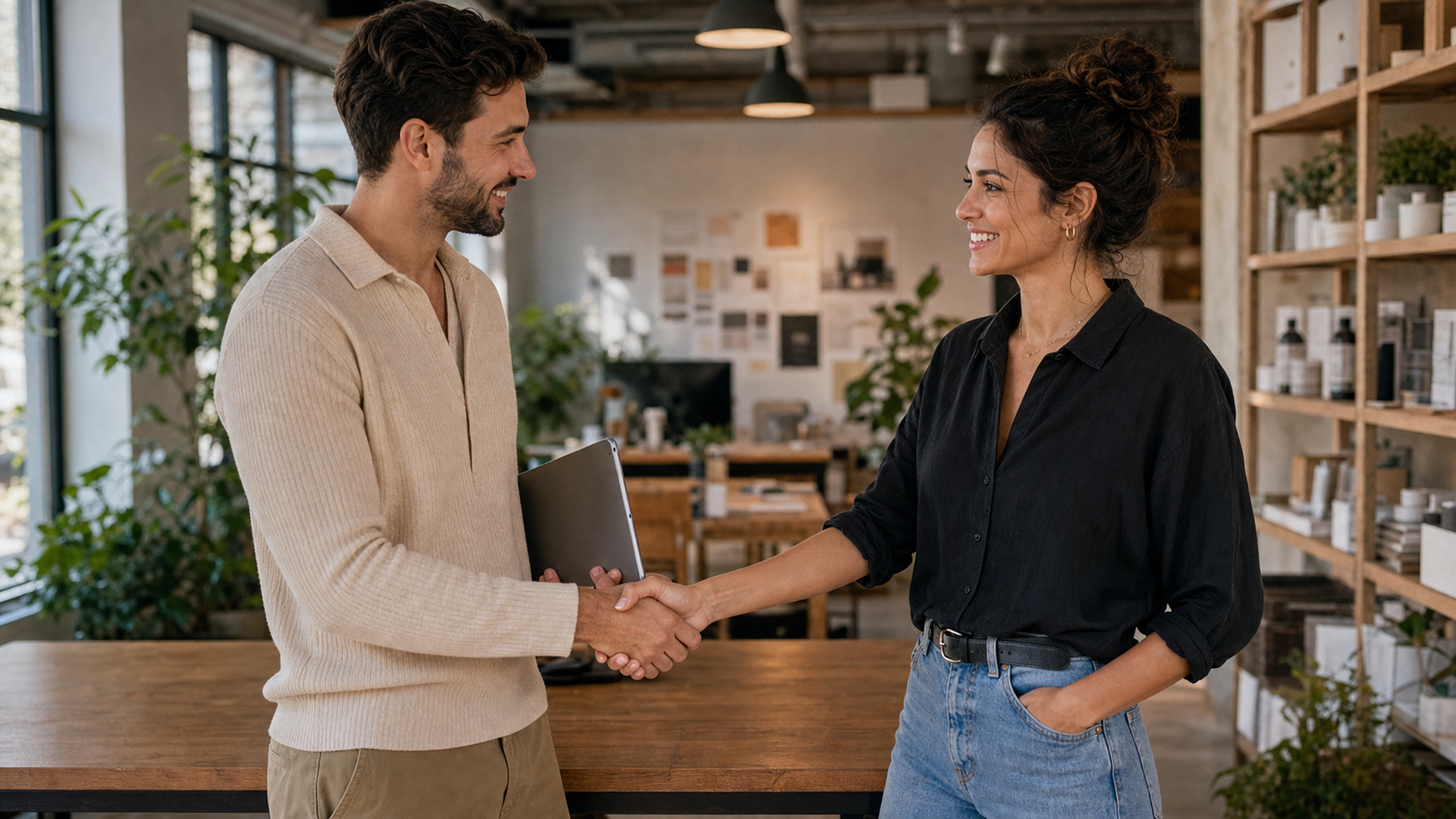 Account manager (our rep) shaking hands with the creator — the partnership