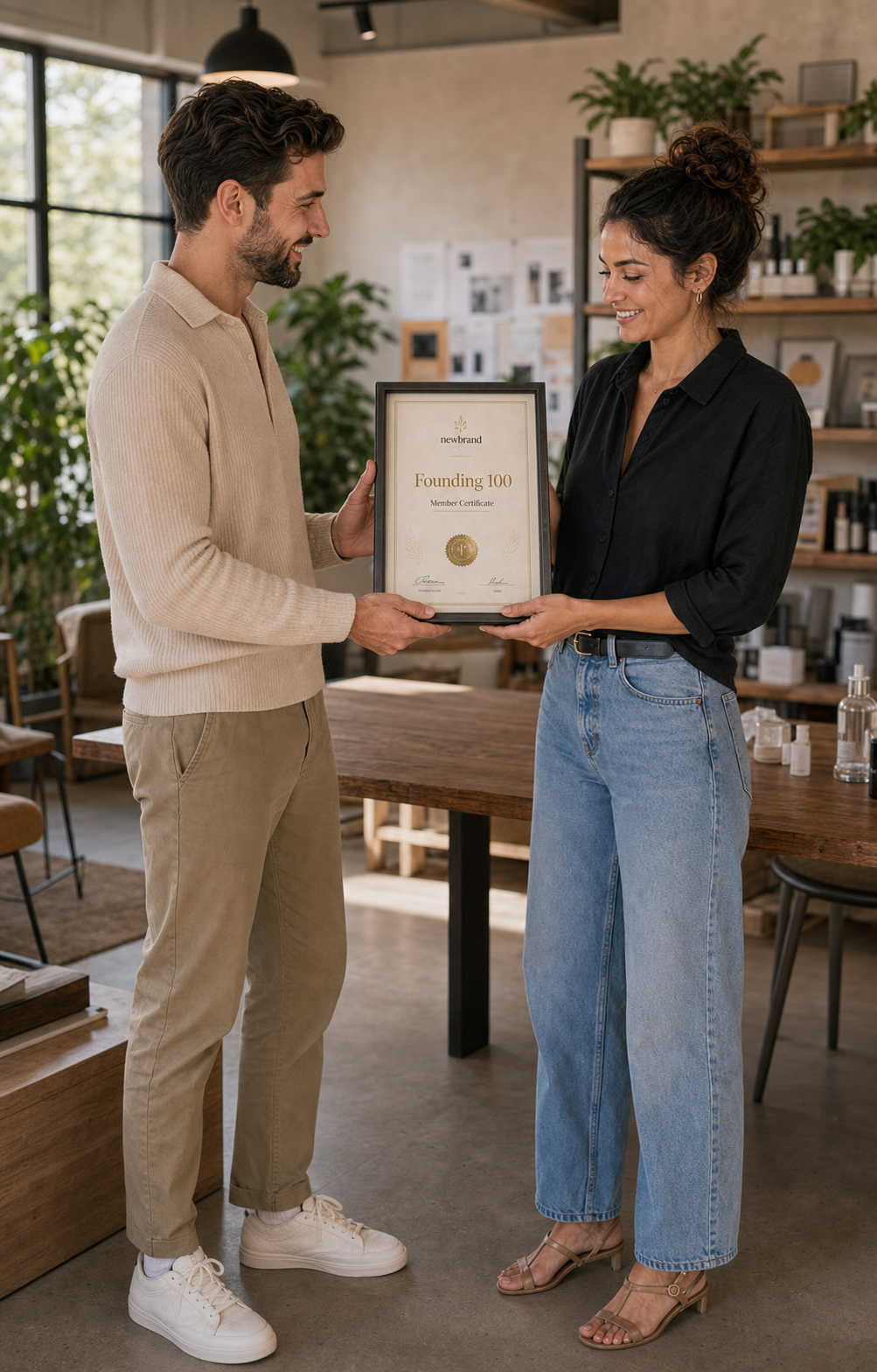 Vertical handshake — welcoming her into the Founding 100